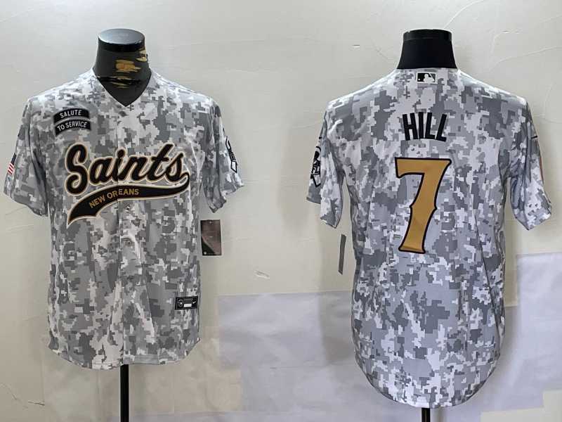 Men%27s New Orleans Saints #7 Taysom Hill Arctic Camo 2024 Salute to Service Stitched Baseball Jersey